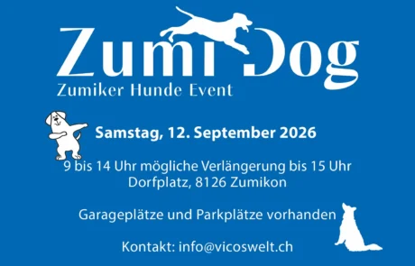 Zumi Dog: Zumiker Hunde-Event am Samstag, 12. September 2026, 9 Uhr, Dorfplatz, Zumikon – Hundeschule Guggisberg